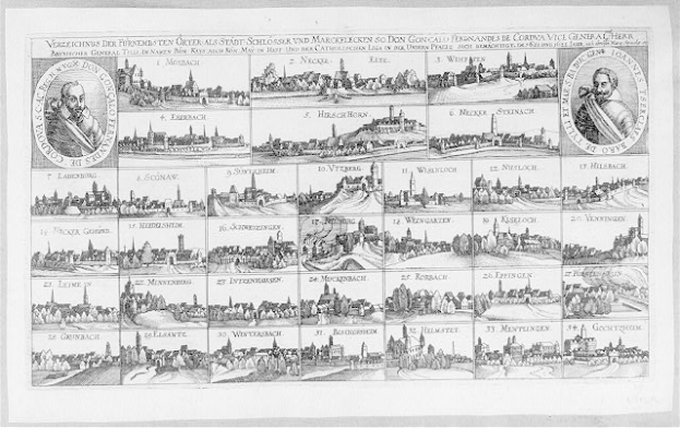 Eine Schwarz-Weiß-Zeichnung von Köln, Deutschland, mit zahlreichen Gebäuden, begleitet von Text und zusätzlichen Bildern, die die Geschichte der Stadt dokumentieren.