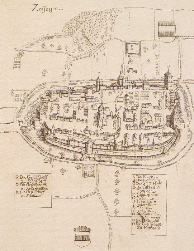 Ein detailliertes altes Stadtplan von Zoffingen, Deutschland, das die Stadtanlage mit Straßen, Gebäuden, Bäumen und begleitendem Text zeigt, der Informationen über die Stadt bereitstellt.