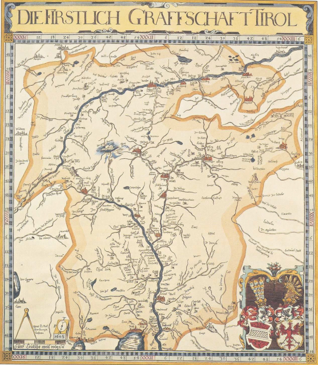 Ein detailliertes historisches Poster der ersten Grafschaft Tirol mit einer Karte, die geografische Merkmale wie Flüsse, Berge und Städte sowie erklärenden Text über die Region und ihre Einwohner zeigt.