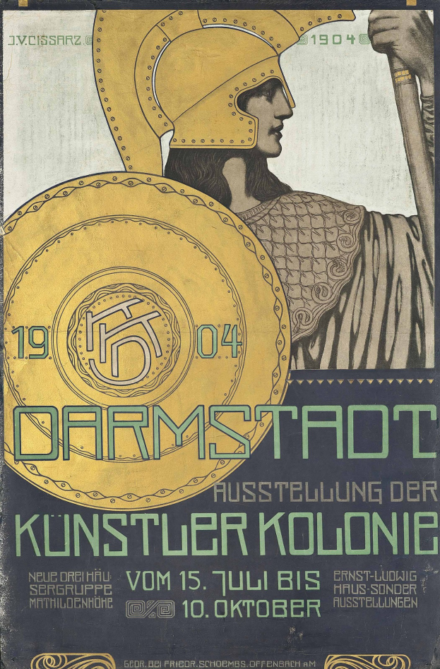 Plakat für ein 1904er Berlin-Konzert mit einer Person in einem Helm, die ein Schild hält, mit «Darmstadt» und «Künstler Kolonie» in fetter Schrift.