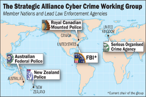 Eine bunte Karte der Strategic Alliance Cyber Crime Working Group, umgeben von Logos und Namen der beteiligten Organisationen in fetter schwarzer Schrift.