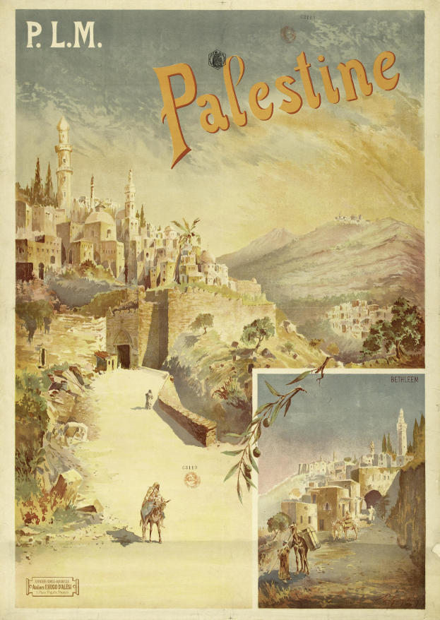 Ein Plakat mit einer Stadtansicht in Palästina, mit Text und Bildern von Gebäuden, Menschen, Tieren, Bäumen, Hügeln und einem Himmel.