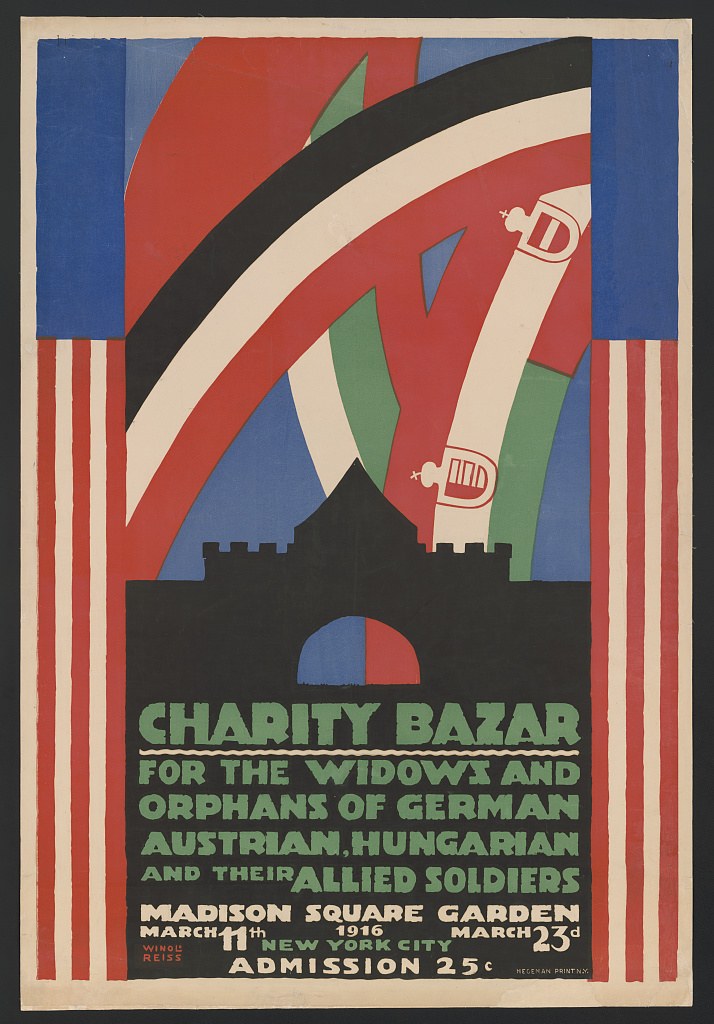 Plakat für Witwen und Waisen deutscher, australischer, ungarischer und alliierter Soldaten mit Veranstaltungsdetails.