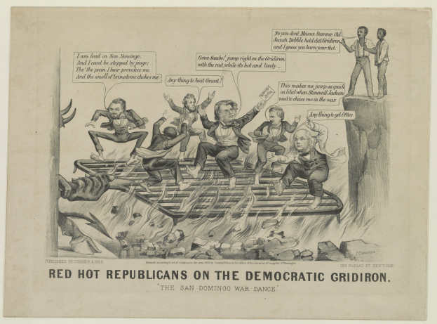 Eine politische Karikatur, die rote Figuren auf einem blauen Gridiron zeigt, deren Gesichter vor Wut verzerrt sind und die Arme erhoben haben, begleitet von schwarzer, fetter Schrift, die eine ernste Situation betont.