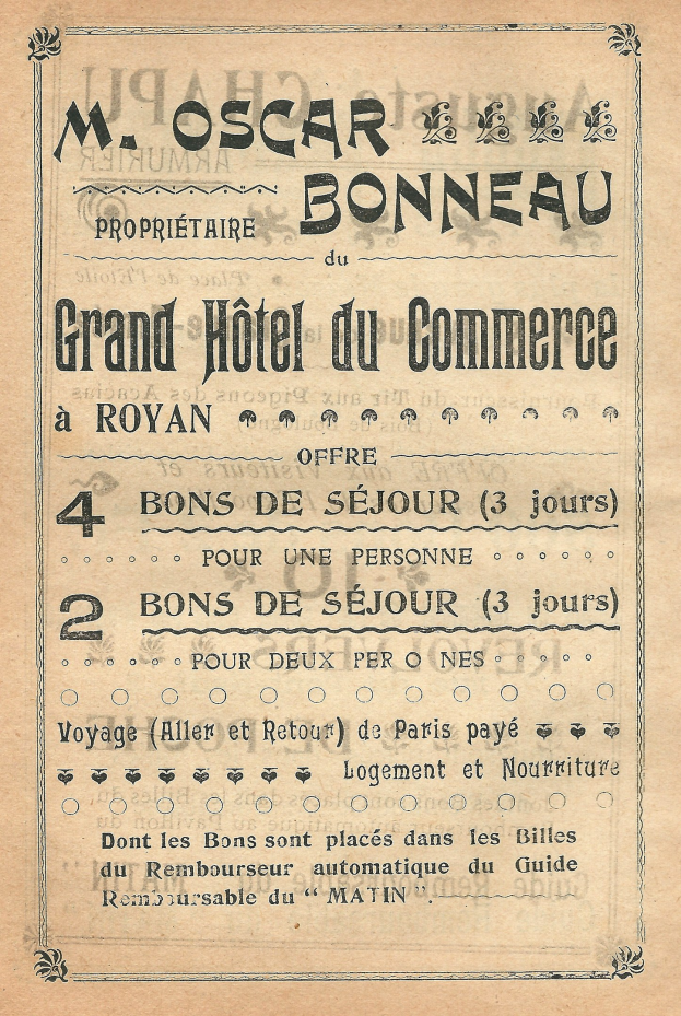 Werbung für das Grand Hotel du Commerce in Paris mit Text über die Angebote auf altem Papier.