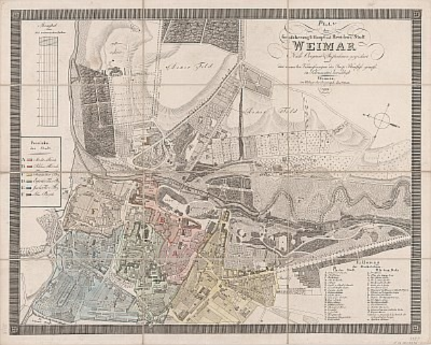 Detailierte alte Karte von Weimar, Deutschland, mit Straßen, Gebäuden und Sehenswürdigkeiten sowie zusätzlichem Text über die Einwohnerzahl und bemerkenswerte Merkmale.