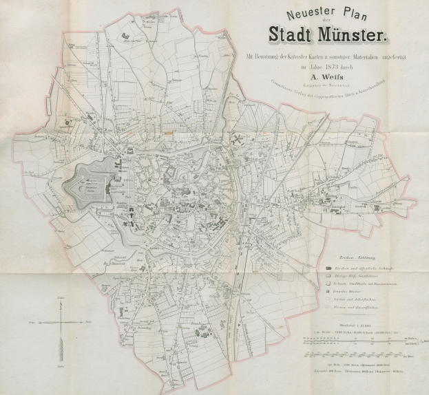 Detailierte Karte von Stadt Münster, Deutschland, aus dem Jahr 1873 mit Textanmerkungen zur Stadtplanung.