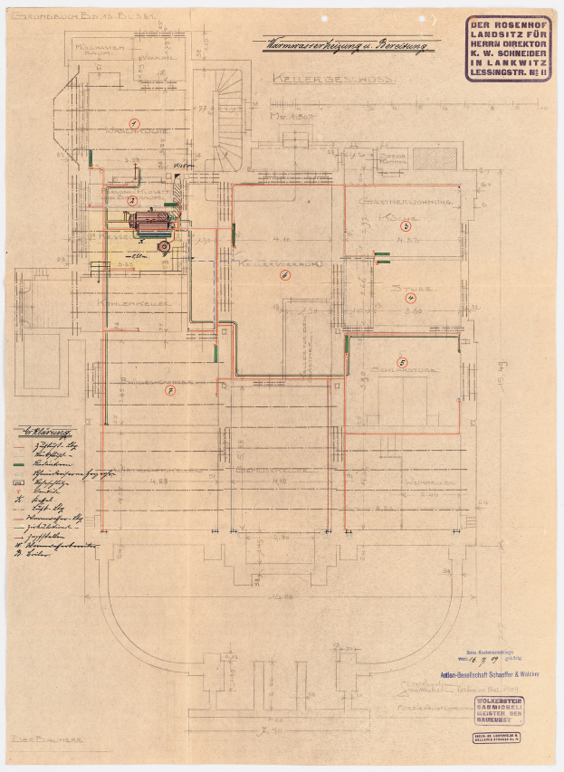 Schwarz-weißer Architekturplan des Rosenhof-Krankenhauses in Hamburg, Deutschland, mit detaillierter Darstellung mit zahlreichen Kabeln und beschrifteten Räumen, Fluren und Merkmalen.