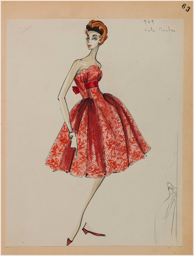 Eine Frau in einem 1950er-Jahre-Rotkleid von Jola Moules mit engem Oberteil und vollem Knie-Rock, mit einem selbstbewussten Ausdruck und klassischem Hochsteckfrisur.