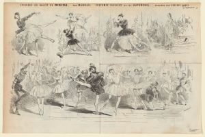 Ein Bild aus einem Buch mit einer Zeichnung von tanzenden Menschen in dynamischen Posen, begleitet von Text, der das Datum, die Uhrzeit und den Ort beschreibt.