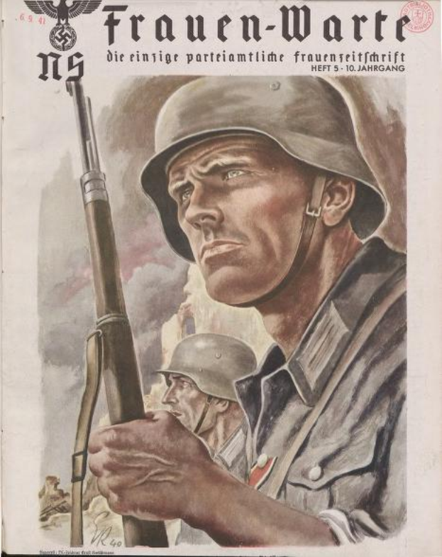 Ein deutsches Weltkriegspropagandaplakat mit einem Mann in militärischer Uniform, der ein Gewehr hält, sowie zwei weiteren Personen im Hintergrund, Text und Logo.