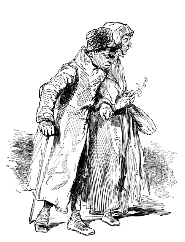 Schwarz-weiß-Foto eines alten Mannes mit Hut und einer Frau, die eine Gegenstand in der Hand hölt, die die Straße entlanggehen.