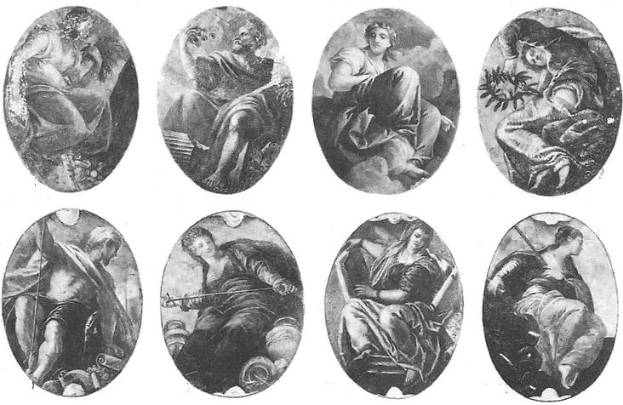 Ein Schwarz-Weiß-Foto von sechs ovalen paintings in symmetrischer Anordnung, das verschiedene Figuren in gedämpften und leuchtenden Farben zeigt.