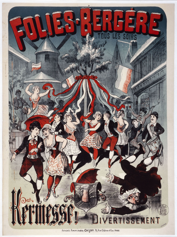 Plakat für das Folies-Bergère-Festival in Paris mit einer Gruppe tanzender Menschen vor Gebäuden, Fahnen und einem Baum im Hintergrund sowie französischem Text oben und unten.
