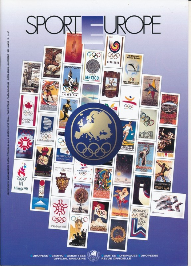 Buchumschlag mit dem Titel "Sporting Europe" in leuchtenden Farben und Olympischen Symbolen, mit Text und Bildern im Zusammenhang mit den Olympischen Spielen in Europa.