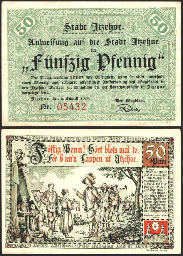 Eine alte deutsche 50-Pfennig-Banknote mit einer Gruppe von Menschen darauf.