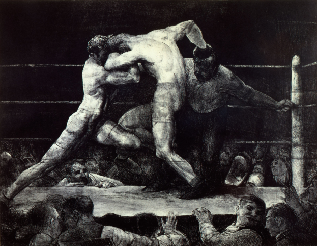 Schwarz-weiß-Zeichnung von zwei Boxern im Ring, die sich gegenseitig mit Faustschlägen attackieren, während eine jubelnde Menge zusieht.