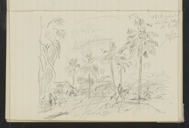 Ein offenes Skizzenbuch, das eine Zeichnung einer Gruppe von Menschen zeigt, die in einem üppigen, grünen Dschungel mit hohen Bäumen stehen, unter einem tiefblauen Himmel mit verstreuten weißen Wolken und hellem Sonnenlicht.