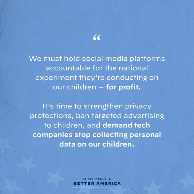 Plakat mit einem Zitat aus Building a Better America, das besagt, dass Social-Media-Plattformen für das Schädigen von Kindern zum Profit zur Rechenschaft gezogen werden sollten, dekoriert mit Sternen.