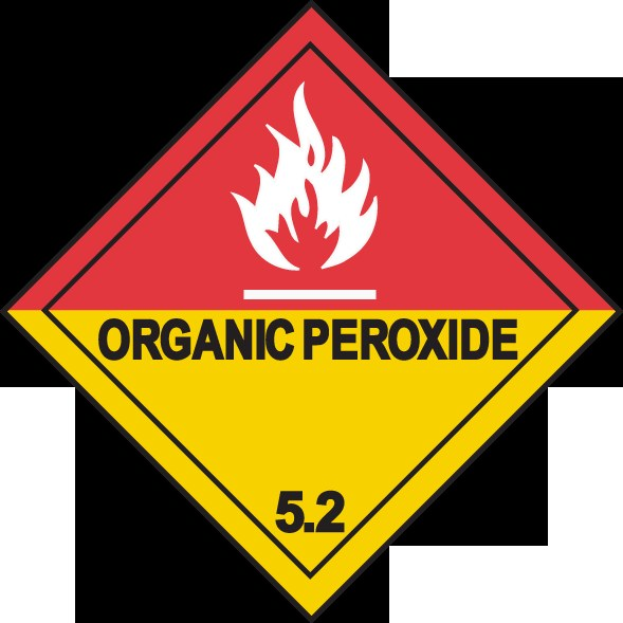Gefährliche Stoffe-Schild mit der Aufschrift "Organisches Peroxid 5.2" in Rot und Gelb.