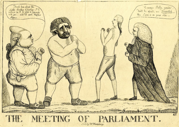 Eine Zeichnung von drei stehenden und sprechenden Personen, wobei eine animiert gestikuliert, unter dem Text "Die Parlamentssitzung."