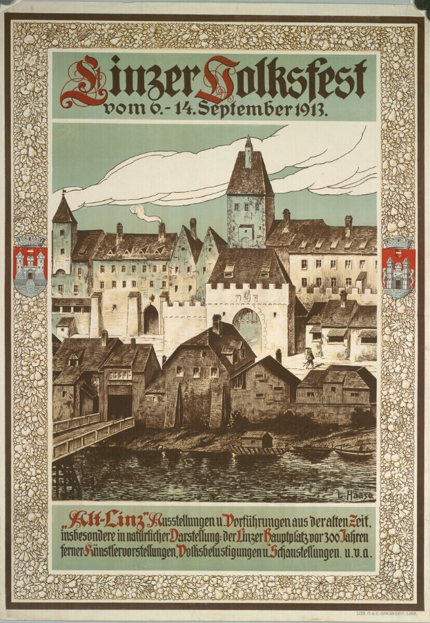 Altes Plakat für ein Festival in Deutschland mit einer Illustration einer Burg umgeben von Häusern und Text mit Festivaldetails.