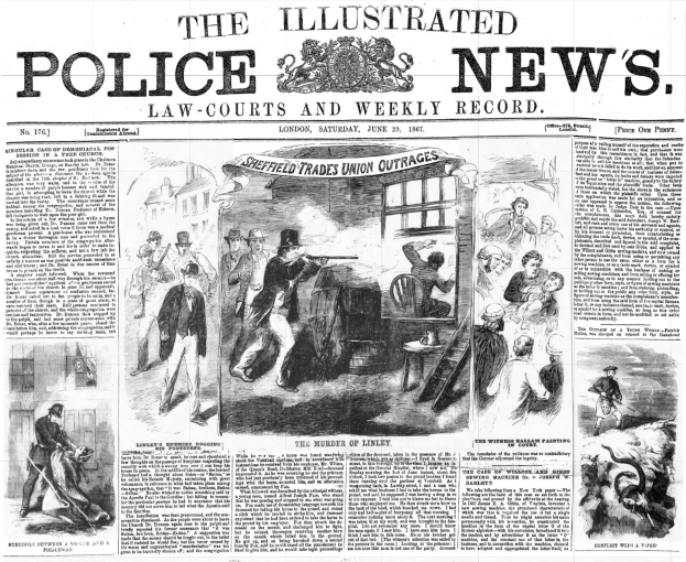 Schwarze und weiße Titelseite der Illustrated Police News von 1867 mit einer zentralen Illustration einer Gruppe von Menschen und dem Titel "Polizei-Nachrichten" und einem Logo oben.