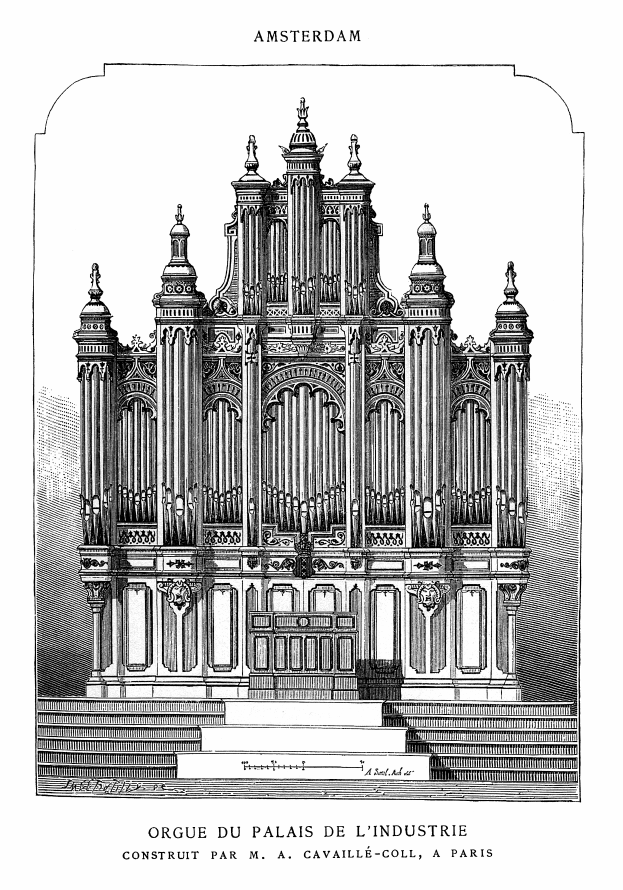 Eine Schwarz-Weiß-Zeichnung eines Gebäudes mit einer großen Orgel in der Mitte, mit dem Text "Orgue du Palais de l'Industrie" unten.