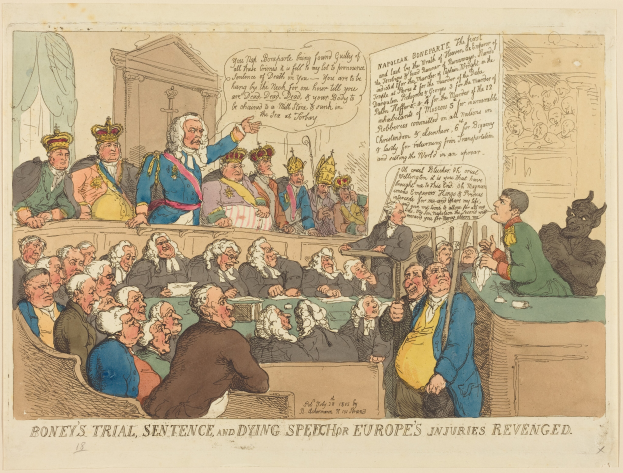 Eine Karikatur einer Gerichtsszene mit einer Gruppe von Menschen, die auf St├╝hlen sitzen und ein Mann in der Mitte steht, ein Tisch mit verschiedenen Gegenst├Ąnden rechts und Text unten, der 'Boney's Trial, Sentence and Dying Speech Europe's Injuries Revenged' lautet.
