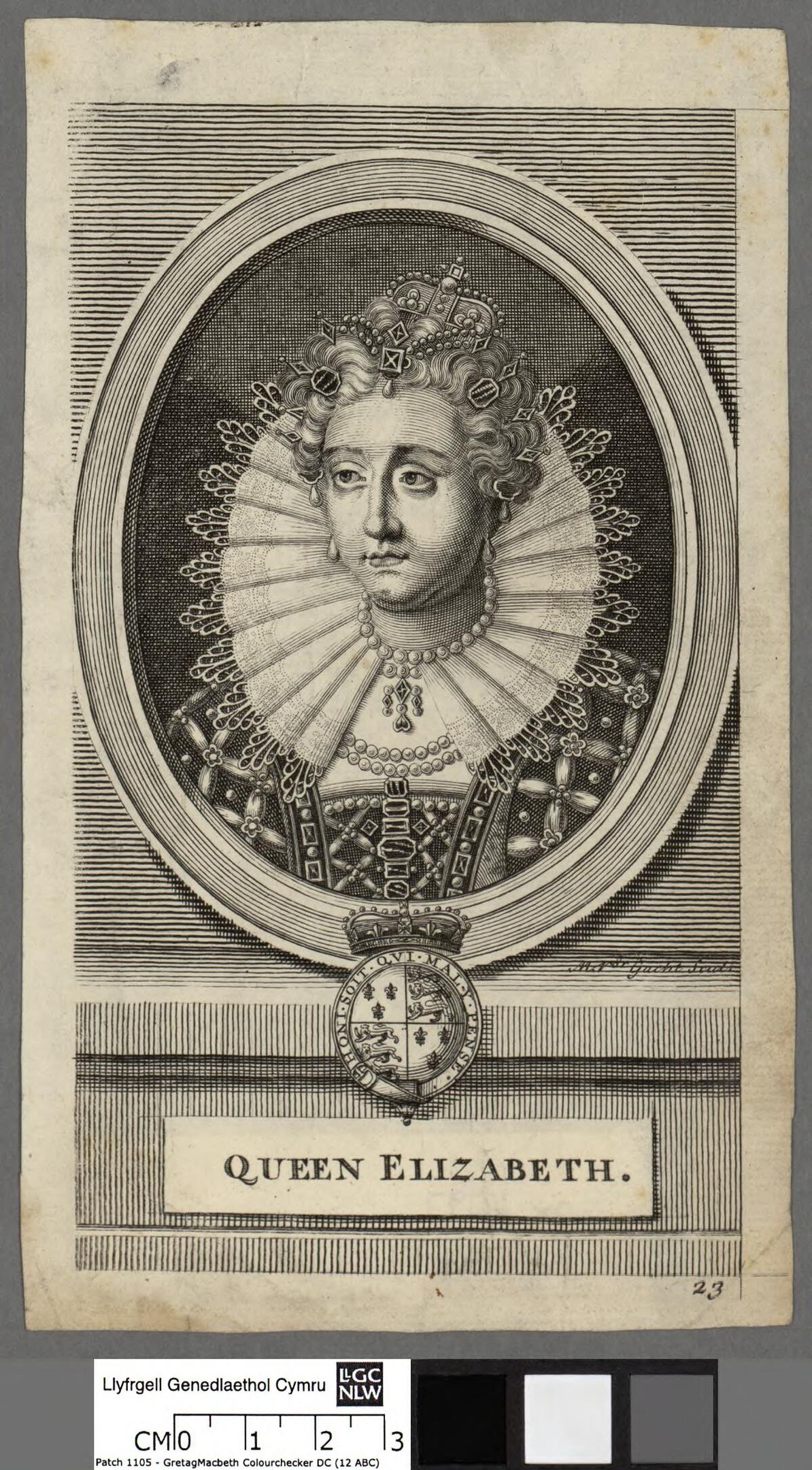 Porträt der Queen Elizabeth I. von England in königlicher Kleidung mit Krone und Tiara, grauer Hintergrund, blickt zur Seite mit einem würdevollen Gesichtsausdruck.