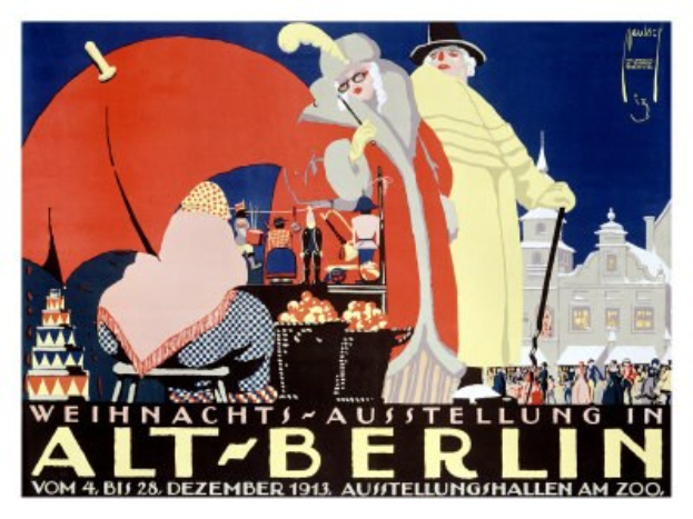 Plakat für eine Weihnachtsausstellung in Alt-Berlin mit bunten Illustrationen von Menschen, Gebäuden und Gegenständen und dem Text "Weihnachtsausstellung in Alt-Berlin" oben drauf.
