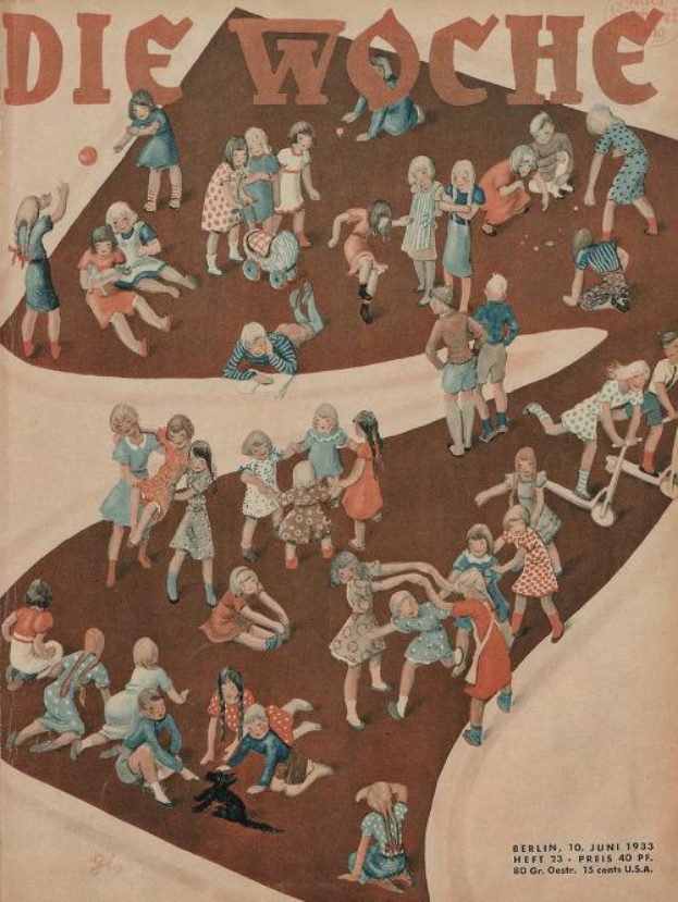 Ein deutscher Magazin-Cover aus Juni 1933 mit der Überschrift "Die Woche", das eine Gruppe lachender Kinder zeigt, die in einem Kreis spielen und von leuchtenden Farben umgeben sind.