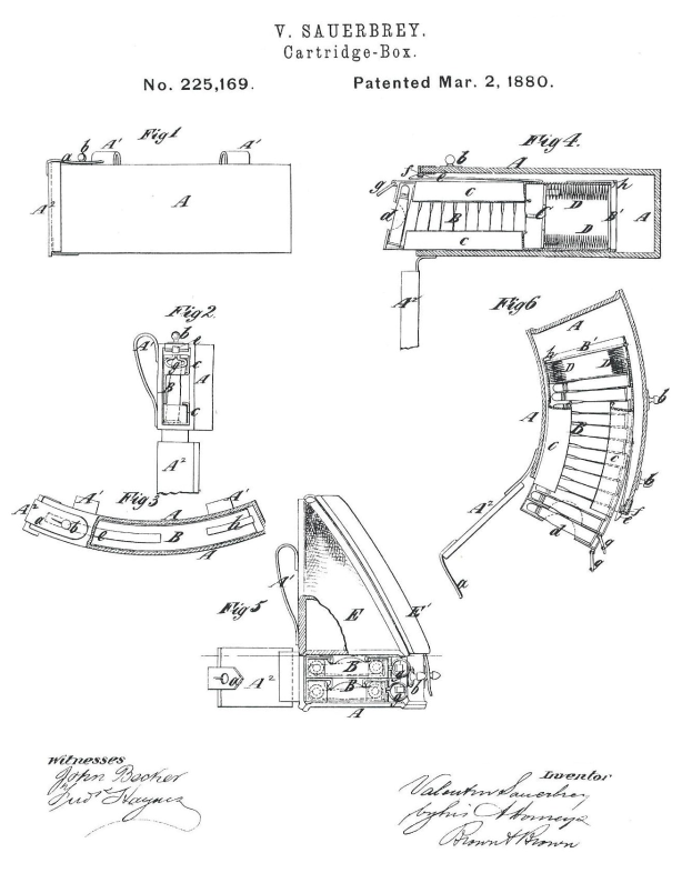 Ein detailliertes technisches Konstruktionsbild einer Maschine mit zahlreichen beschrifteten Komponenten, darunter eine Patronenbox-Patentzeichnung von 1880, begleitet von erklärendem Text.