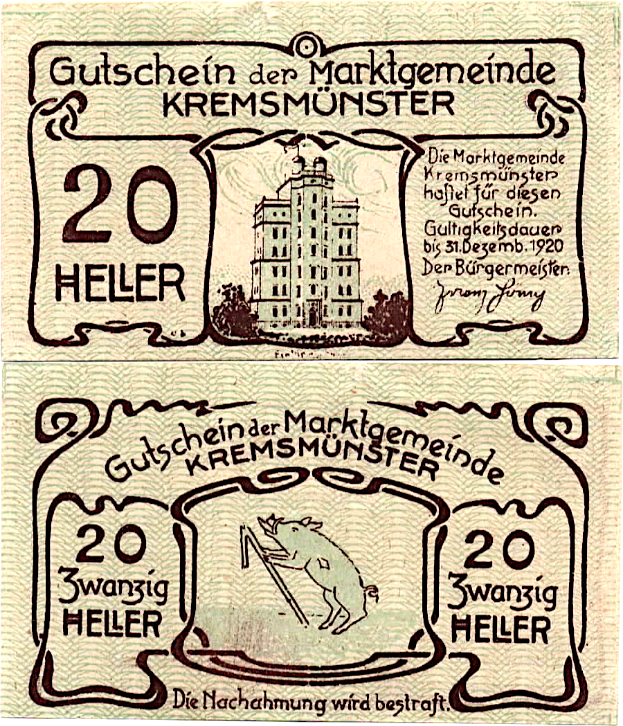 Zwei deutsche 20 Heller-Banknoten aus dem Jahr 1920 mit einem Gebäude und einem Schwein sowie der Aufschrift "Gutschein der Marktgemeinde Kremsmünster".