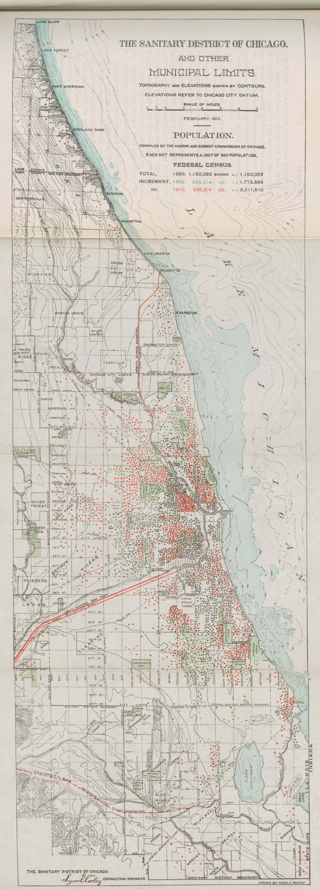 Schwarz-weiß-Karte des Sanitätsbezirks von Chicago, die die städtischen Grenzen und die Stadtgrenzen zeigt.