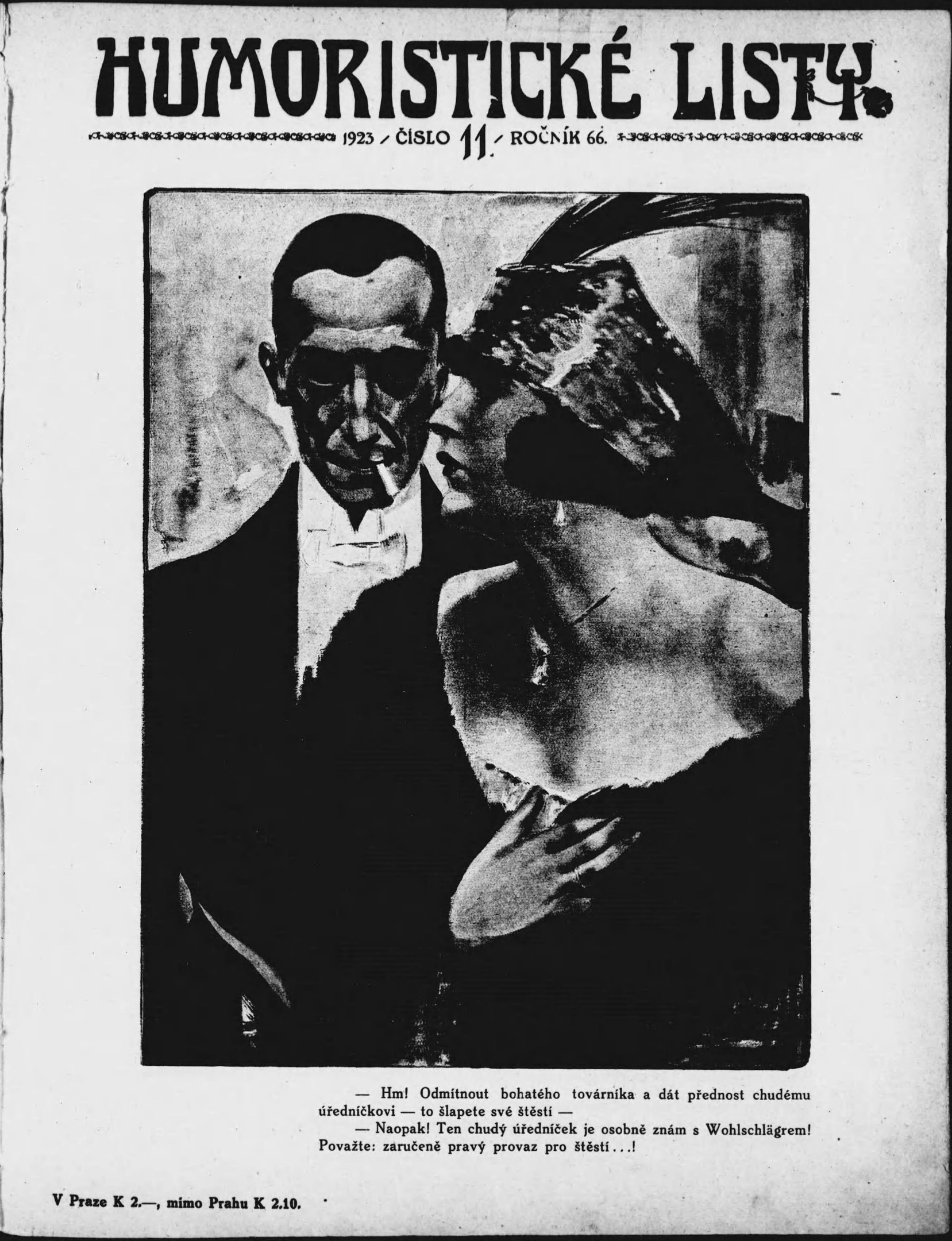 Schwarze und weiße Zeitschriftentitel 'Humoristische Liste' mit einem Mann im Anzug mit ernster Miene und einer Frau, die verschmitzt wegsieht.