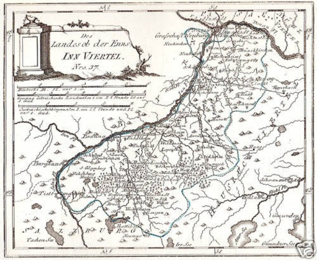 Ein Plakat mit einer detaillierten Karte des Rheins in Deutschland, einschließlich beschrifteter Sehenswürdigkeiten, Städte und geografische Merkmale, begleitet von Text und einem Bild einer Säule.