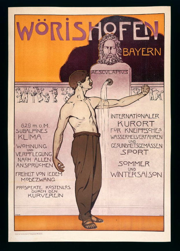 Ein Plakat, das das Wörishofener Fest in München, Deutschland ankündigt, zeigt eine Person in einem weißen Hemd und einer blauen Mütze, die einen Stab und ein Buch hält, mit der Aufschrift "Wörishofener Bayerisches Fest" in fetter schwarzer Schrift auf einem hellgelben Hintergrund.