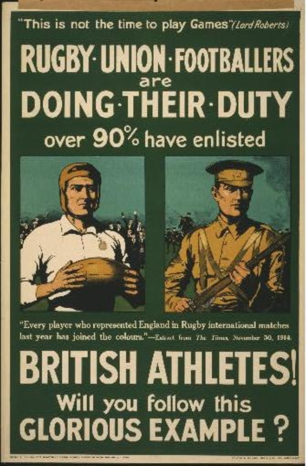 Britisches Armee-Recruiting-Plakat mit zwei Rugbyspielern in Uniform, Text betont über 90% der britischen Athleten haben sich verpflichtet.