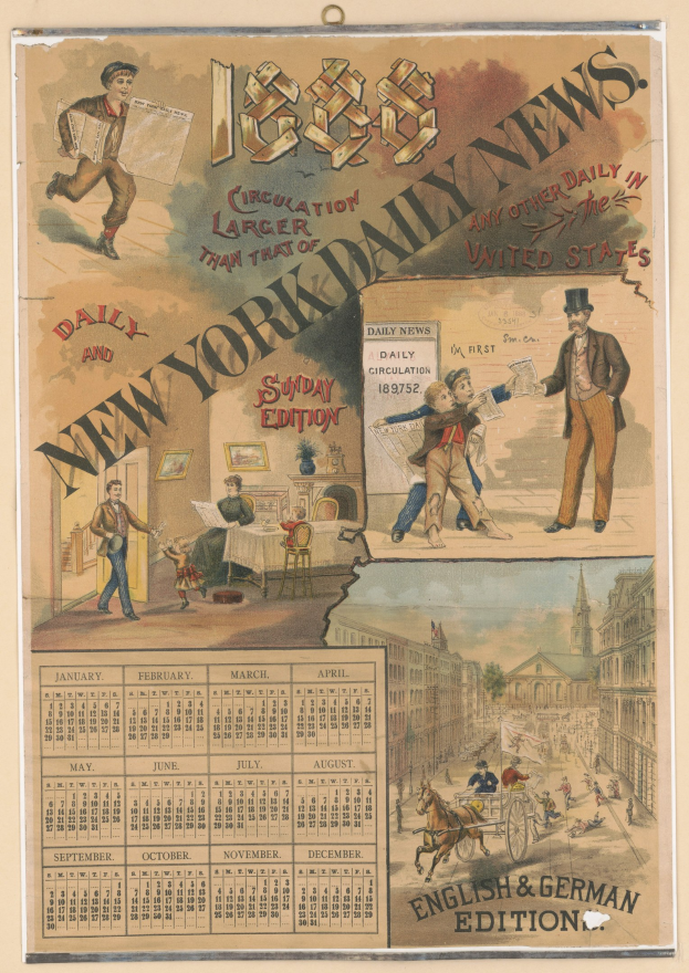 Schwarz-weißes Zeitungsblatt "New York Daily News" mit Kalender, das Bilder von verschiedenen Menschen und eine belebte Stadtlandschaft zeigt.
