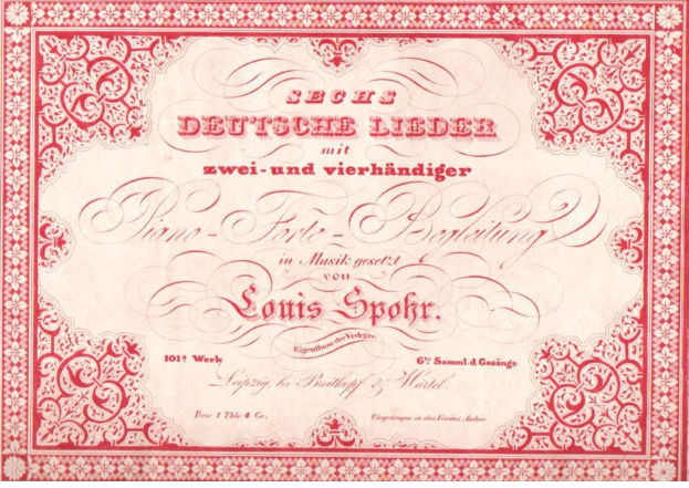 Altes deutsches Aktienzertifikat betitelt 'Louis Spohr - Zweites Deutsches Lieder' mit einem roten Rand und einem weißen Hintergrund.