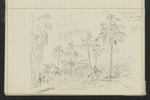 Ein offenes Skizzenbuch, das eine Zeichnung einer Gruppe von Menschen zeigt, die in einem üppigen, grünen Dschungel mit hohen Bäumen stehen, unter einem tiefblauen Himmel mit verstreuten weißen Wolken und hellem Sonnenlicht.