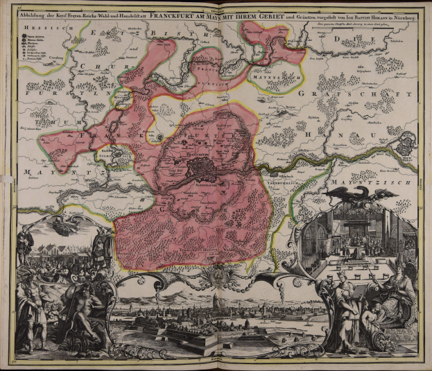 Ein abgegriffenes Buch mit einer nostalgischen Deutschlandkarte in der Mitte, umgeben von Illustrationen und Text.