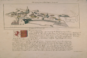 Ein altes Buch mit einer Zeichnung einer Stadt auf dem Cover, einschließlich einiger Gebäude und eines Logos, begleitet von Text, der Details zur Stadt liefert.