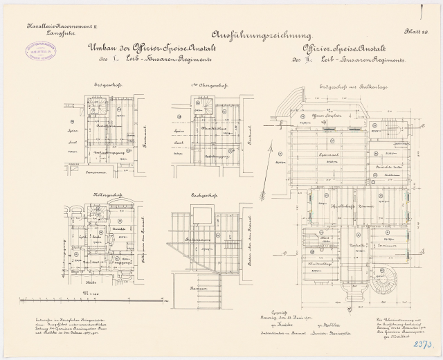 Schwarz-weißer architektonischer Grundriss des ehemaligen Bundeskanzleramts in der Bundesrepublik Deutschland, der detaillierte Layout- und Textanmerkungen zeigt.