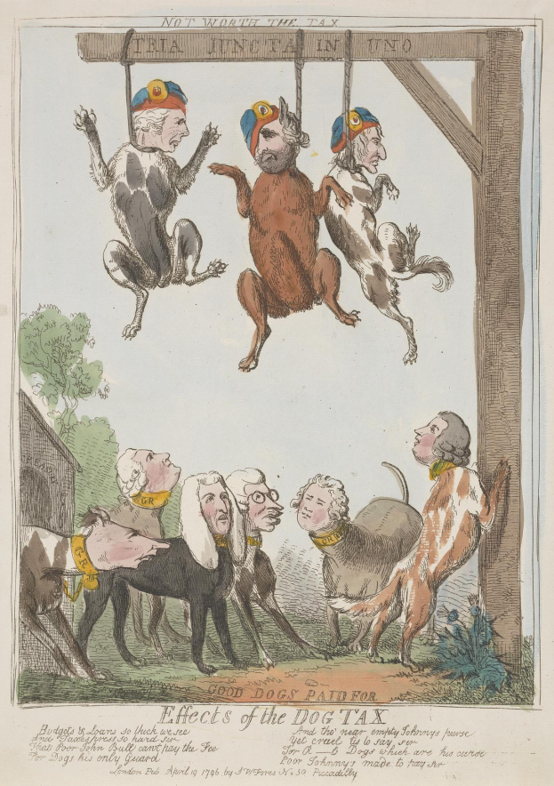 Ein Blatt mit einer Zeichnung von Menschen und Tieren, darunter ein Hund, der an einem Holzpfahl hängt, und handgeschriebener Text, der die Auswirkungen einer Hundesteuer beschreibt.