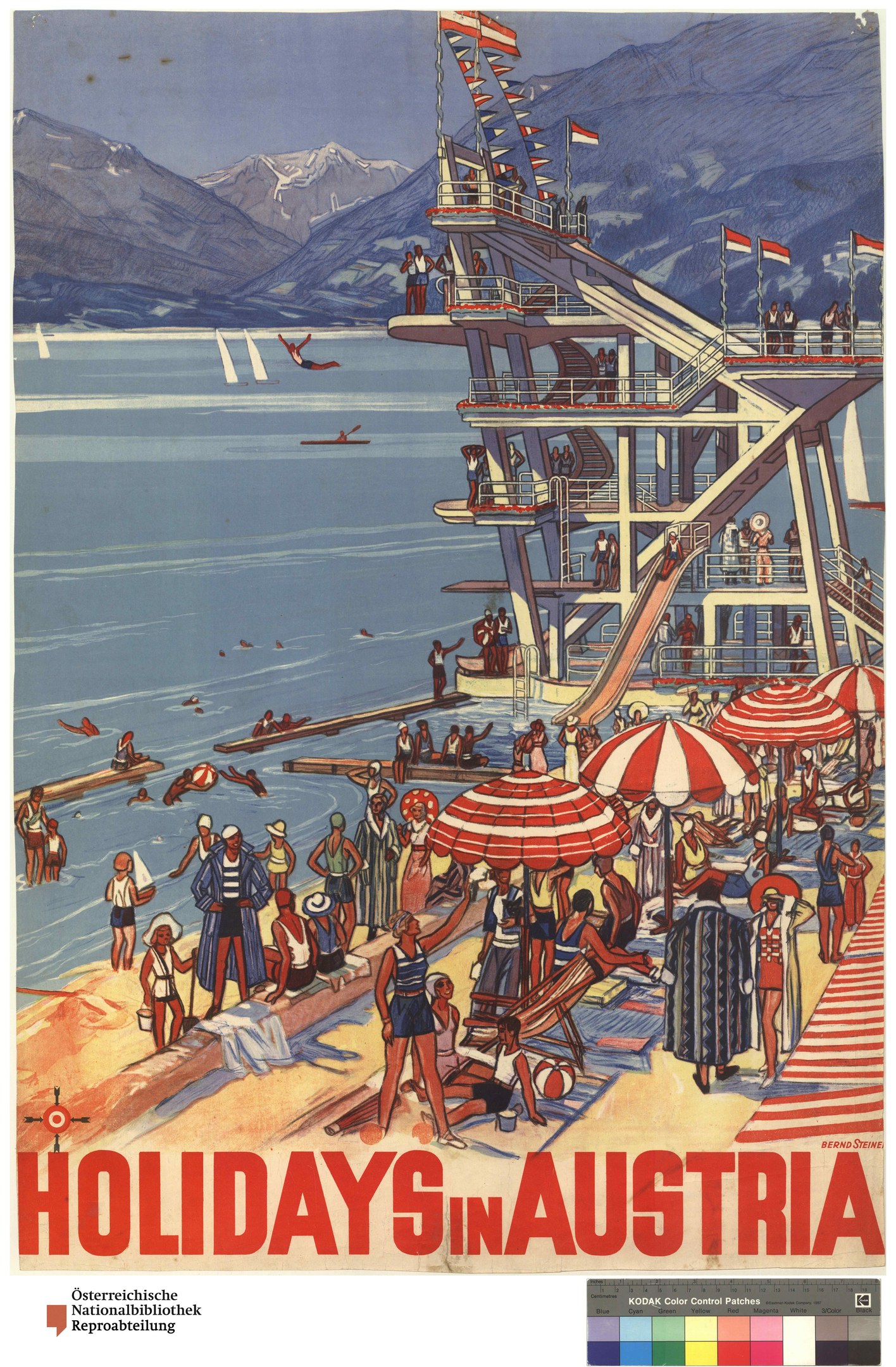Plakat zur Werbung für Urlaube in Österreich, das Menschen am Strand mit Schirmen, ein Schiff im Hintergrund, winkende Fahnen, entfernte Berge und Text zeigt.
