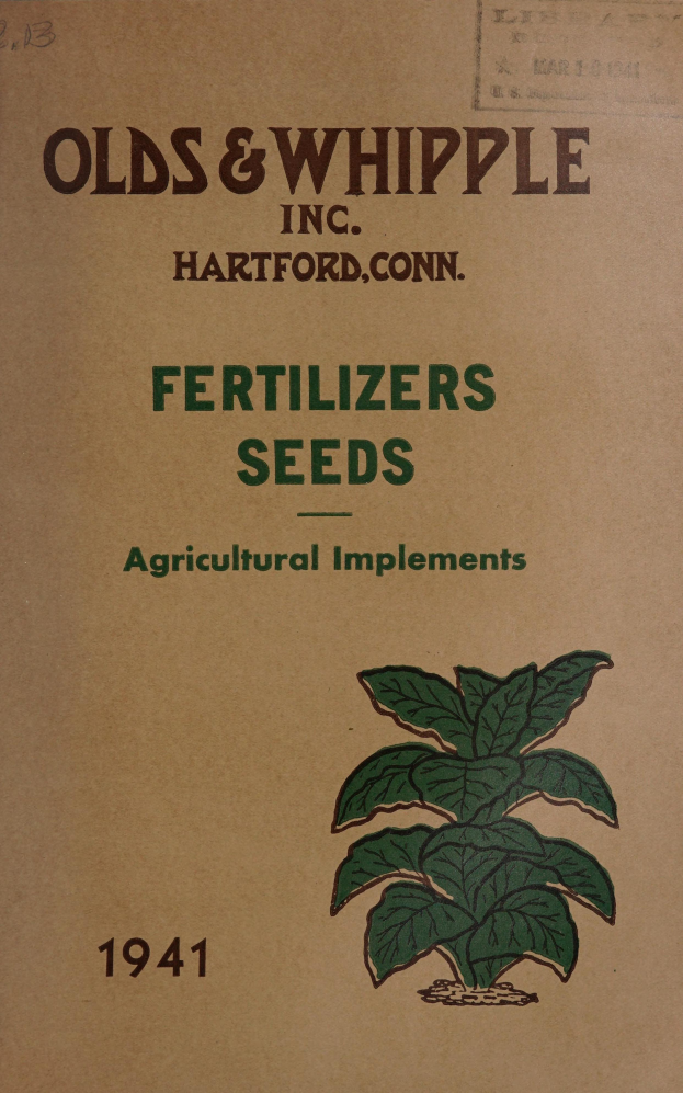 Ein altes Buch mit einer grünen Pflanzenillustration auf dem Cover, betitelt "Dünger Samen Landwirtschaftliche Geräte 1941" in fetter Schrift mit einem weißen Rand.