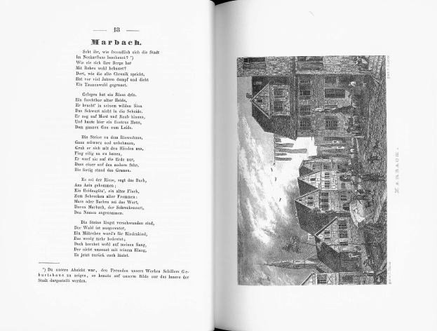 Schwarze und weiße Illustration einer Stadtlandschaft mit Gebäuden, Menschen und Himmel, in einem aufgeschlagenen Buch mit dem Titel "Geschichte Deutschlands" und begleitendem Text.