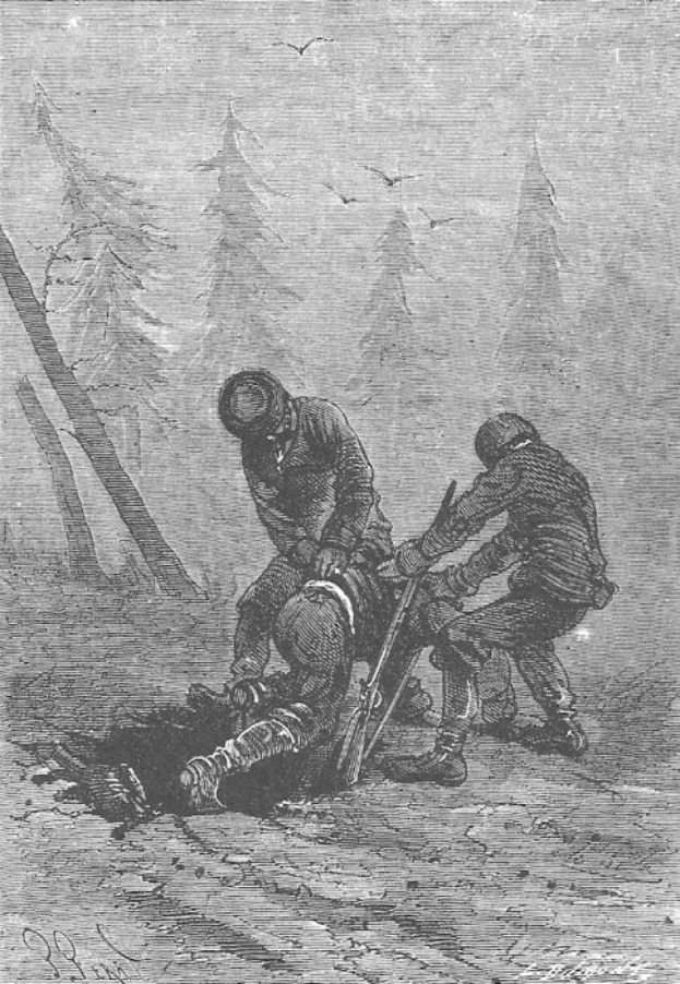 Eine Schwarzweiß-Radierung von zwei Männern in einem Waldgebiet, einer hält eine Waffe, mit Vögeln am Himmel und Text unten lesbar "Der Tod eines deutschen Soldaten".